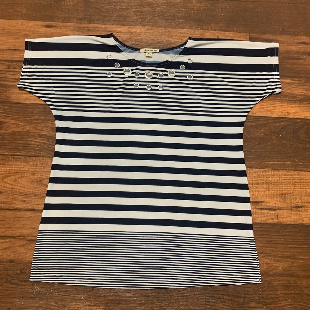 Ana & Kate Navy White Striped Shirt Womens M Chest Ringlets Accent Lightweight